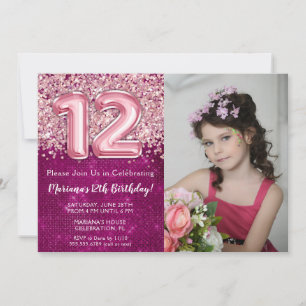 Invitación Fiesta de cumpleaños 12 años con purpurina rosa ma