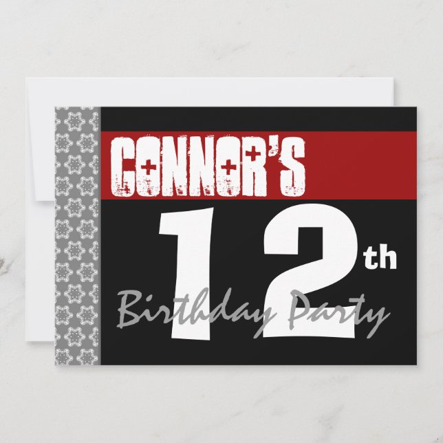 Invitación Fiesta de cumpleaños 12: Blanco y negro rojo moder (Anverso)