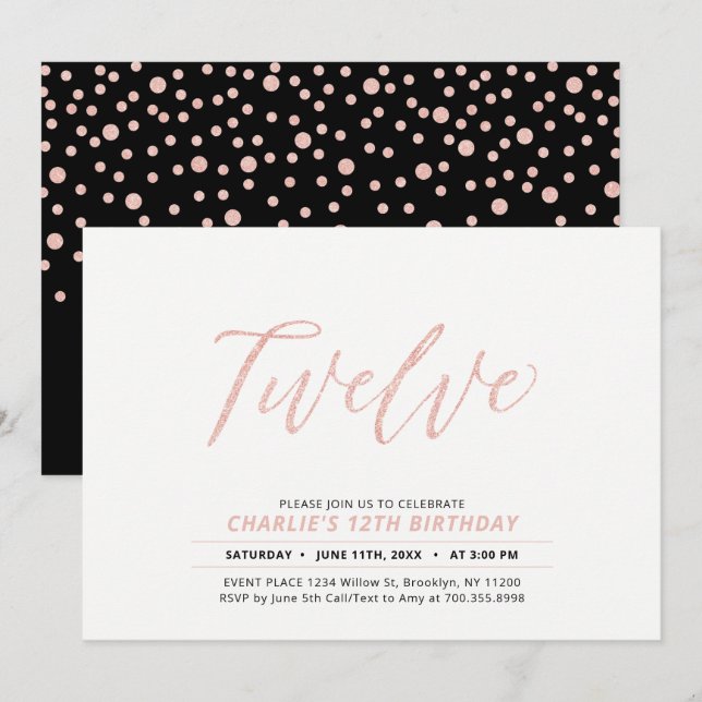 Invitación Fiesta de cumpleaños 12 con letra moderna en dorad (Anverso / Reverso)