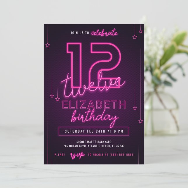 Invitación Fiesta de cumpleaños 12 de Neon Rosado. Vayamos lo (Anverso de pie)