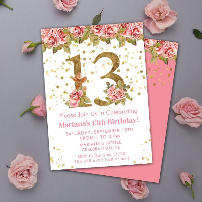 Invitación Fiesta de cumpleaños 13 de Rosas Rosadas Florales (Subido por el creador)