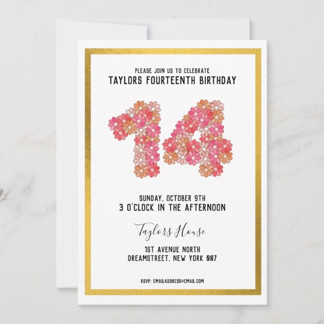 Invitación Fiesta de cumpleaños 14º de la floral metálica Gol (Anverso)