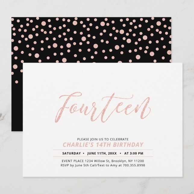 Invitación Fiesta de cumpleaños 14 con letra moderna en dorad (Anverso / Reverso)
