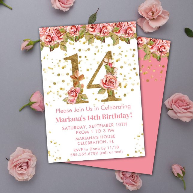 Invitación Fiesta de cumpleaños 14 con rosas florales rosadas (Subido por el creador)