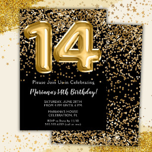 Invitación Fiesta de cumpleaños 14 de niña Black Gold Kids