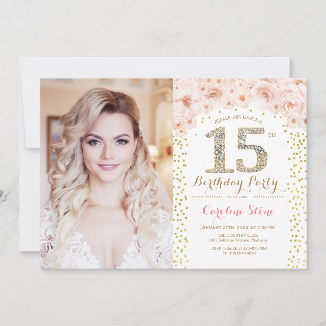 Invitación Fiesta de cumpleaños 15 con foto - Floral rosa dor (Anverso)