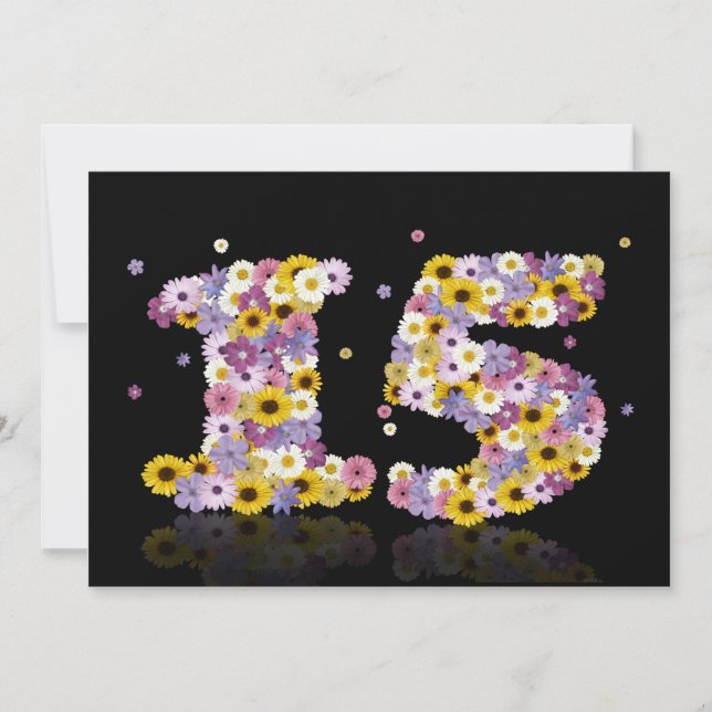 Invitación Fiesta de cumpleaños 15, con letras con flores (Anverso)