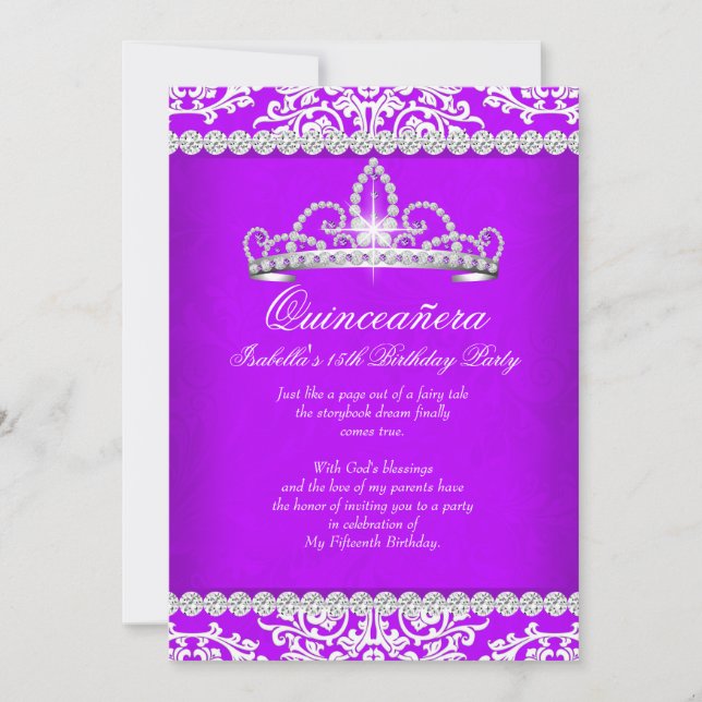 Invitación Fiesta de cumpleaños 15 de Purple Quinceanera Tiar (Anverso)
