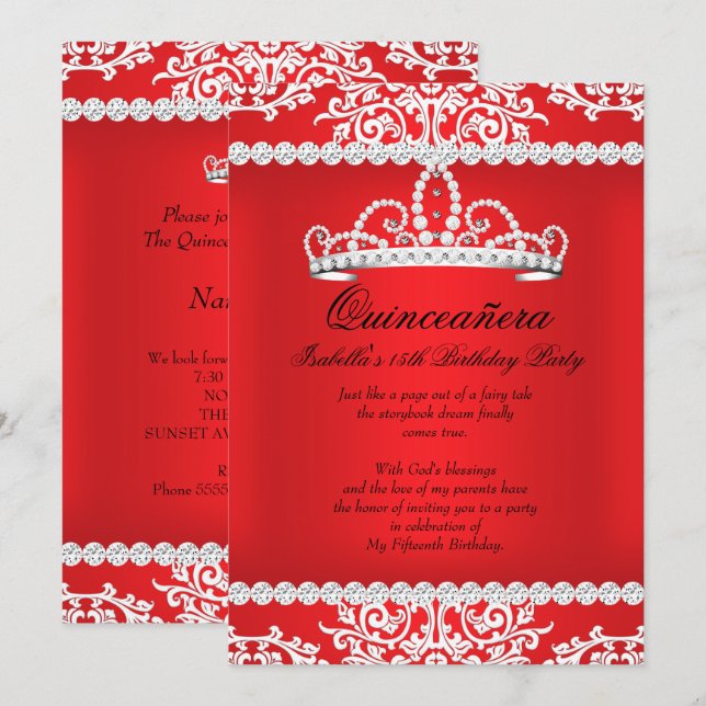 Invitación Fiesta de cumpleaños 15 de Red Quinceanera Tiara (Anverso / Reverso)