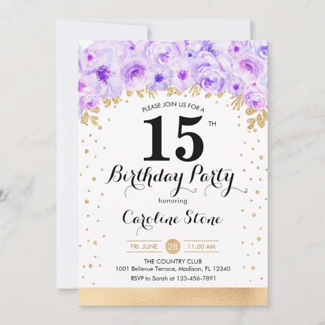 Invitación Fiesta de cumpleaños 15 - Flores moradas de oro (Anverso)