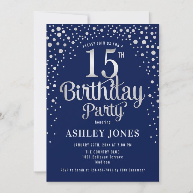 Invitación Fiesta de cumpleaños 15 - Marina y plata (Anverso)