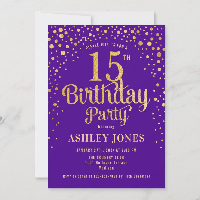 Invitación Fiesta de cumpleaños 15 - Morado y Oro (Anverso)