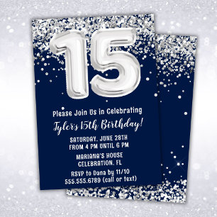 Invitación Fiesta de cumpleaños 15 Navy Blue Silver