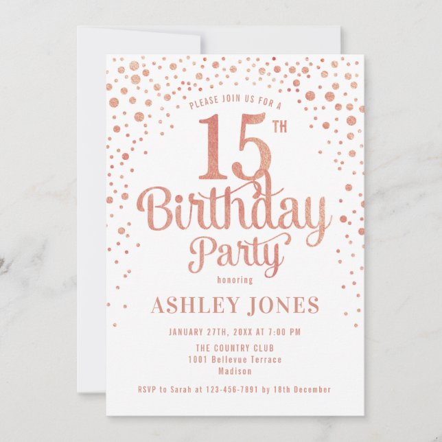 Invitación Fiesta de cumpleaños 15 - Oro blanco y Rosa (Anverso)