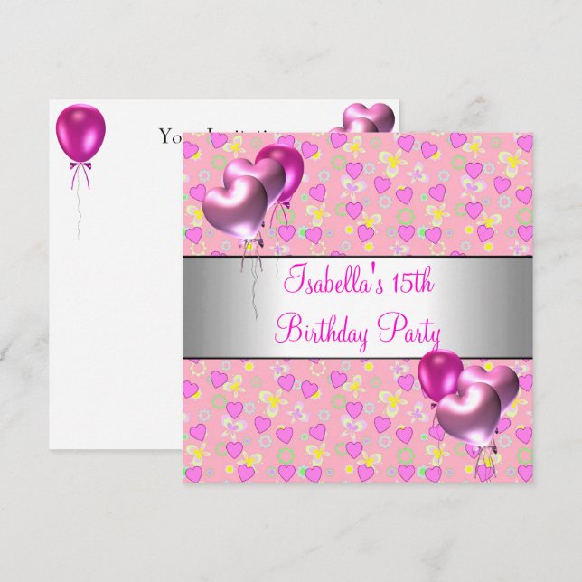 Invitación Fiesta de cumpleaños 15 Pink Hearts globos de plat (Anverso / Reverso)