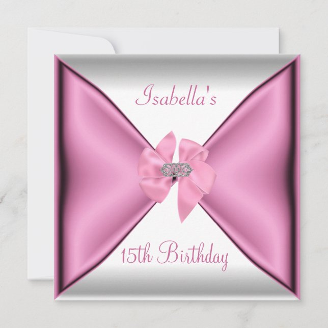 Invitación Fiesta de cumpleaños 15 Pretty Silk lazo rosa (Anverso)