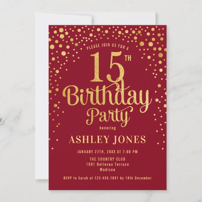 Invitación Fiesta de cumpleaños 15 - Rojo y Oro (Anverso)