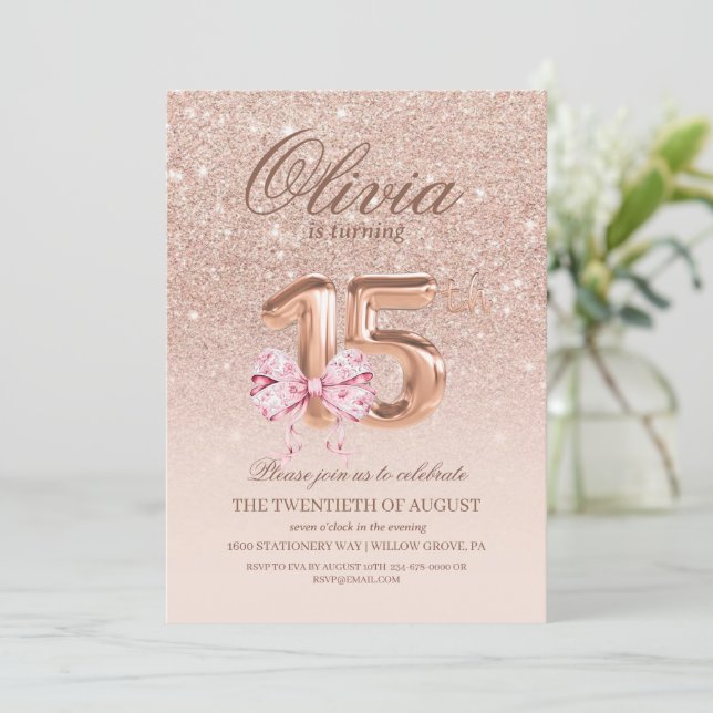 Invitación Fiesta de cumpleaños 15 Rosa de oro rosado (Anverso de pie)