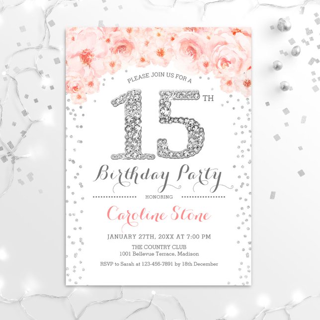 Invitación Fiesta de cumpleaños 15 - Rosa Plata Blanca (Subido por el creador)