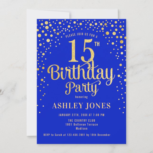 Invitación Fiesta de cumpleaños 15 - Royal Blue & Gold (Anverso)