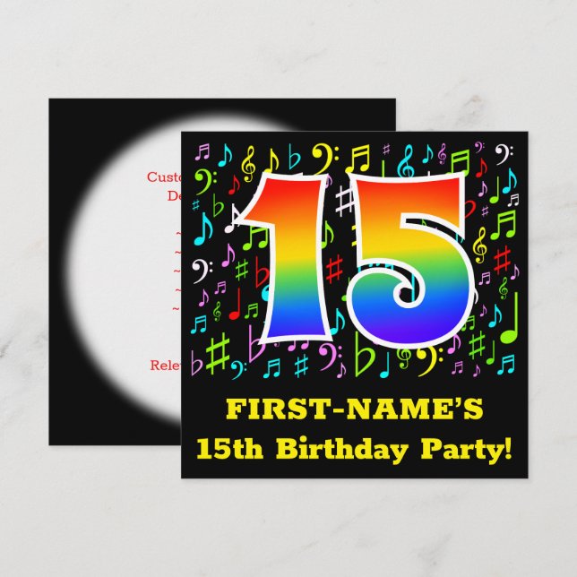 Invitación Fiesta de cumpleaños 15: Símbolos musicales divert (Anverso / Reverso)