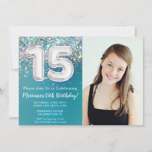 Invitación Fiesta de cumpleaños 15 teal plata brillo