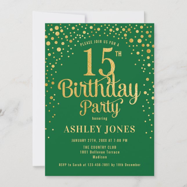 Invitación Fiesta de cumpleaños 15 - Verde y Oro (Anverso)