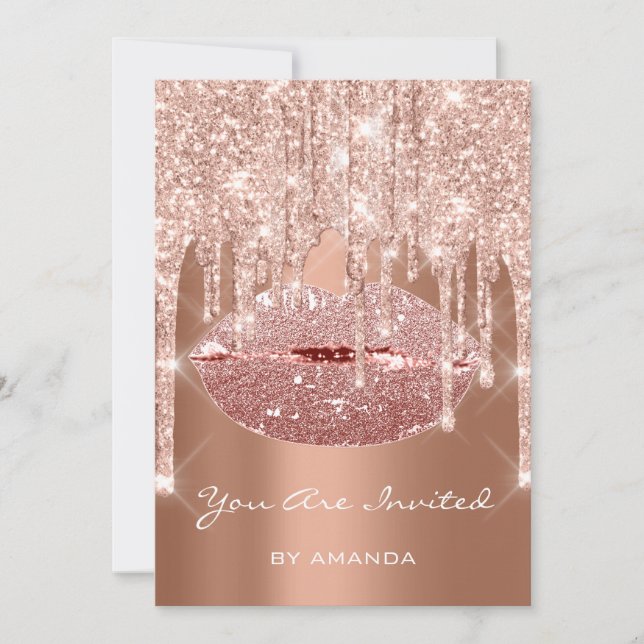 Invitación Fiesta de Cumpleaños 16º Besos Labios Rosa Dorado  (Anverso)