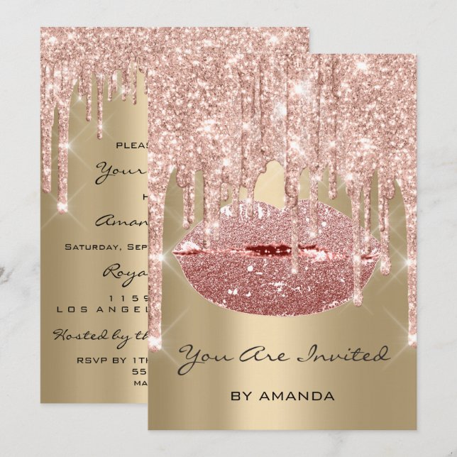 Invitación Fiesta de cumpleaños 16º Rosa de los labios de bes (Anverso / Reverso)
