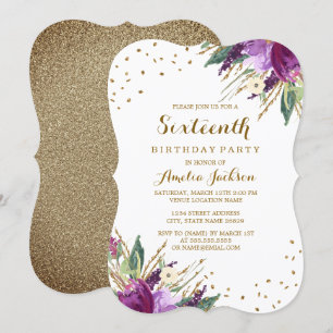 Invitación Fiesta de Cumpleaños 16 Aquarela Flor de Oro Púrpu