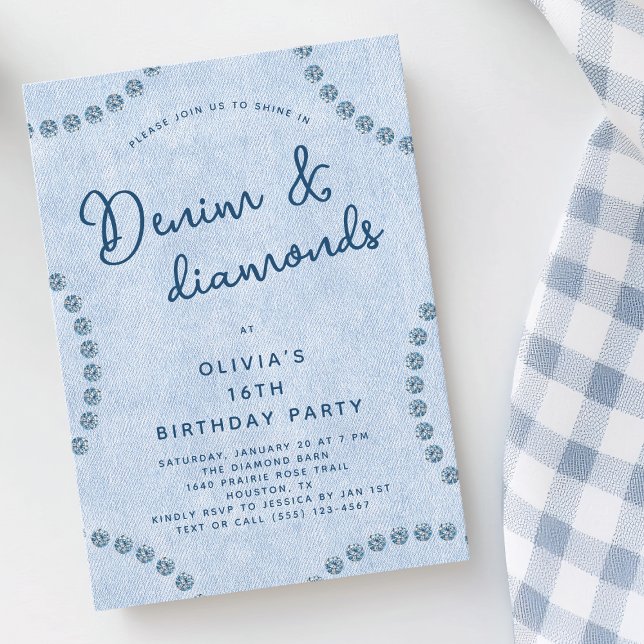 Invitación Fiesta de Cumpleaños 16 Blue Jeans Denim and Diamo (Blue Jeans Denim and Diamonds 16th Birthday Party Invitation)