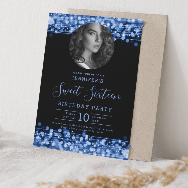 Invitación Fiesta de cumpleaños 16 Blue Sparkles (PHOTO Navy Blue Sparkles Sweet 16 Birthday Party Invitation)