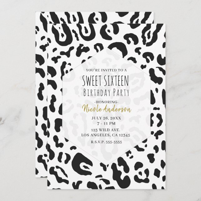 Invitación Fiesta de Cumpleaños 16 Cheetah Leopardo Blanco y  (Anverso / Reverso)
