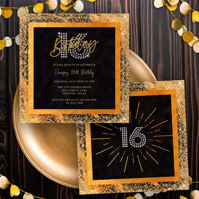 Invitación Fiesta de Cumpleaños 16 con Brillo de Diamante Neg (Front / Back)