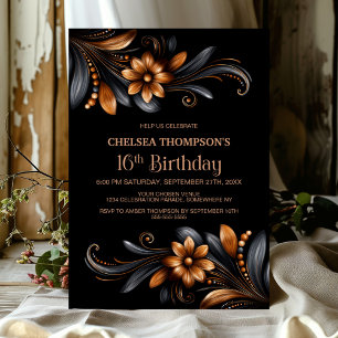 Invitación Fiesta de cumpleaños 16 con flores de naranja negr
