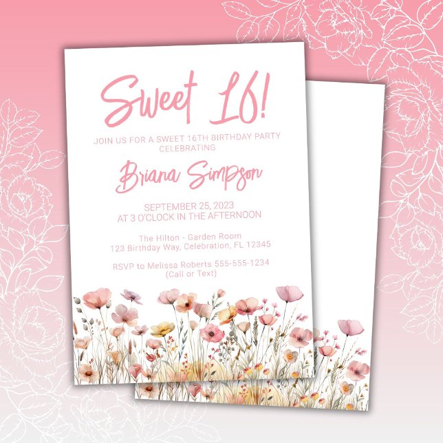 Invitación Fiesta de cumpleaños 16 con flores rosadas (Subido por el creador)