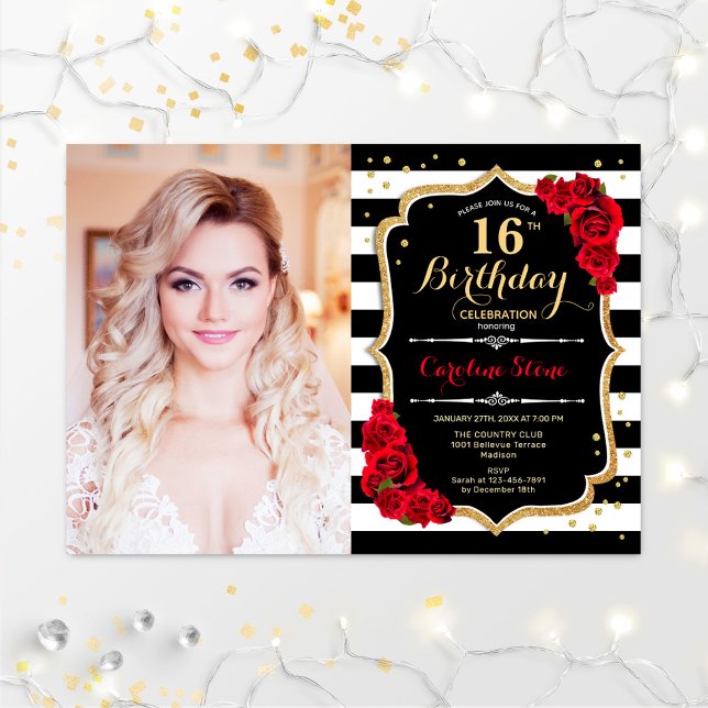 Invitación Fiesta de cumpleaños 16 con foto - Red Gold Black (Subido por el creador)