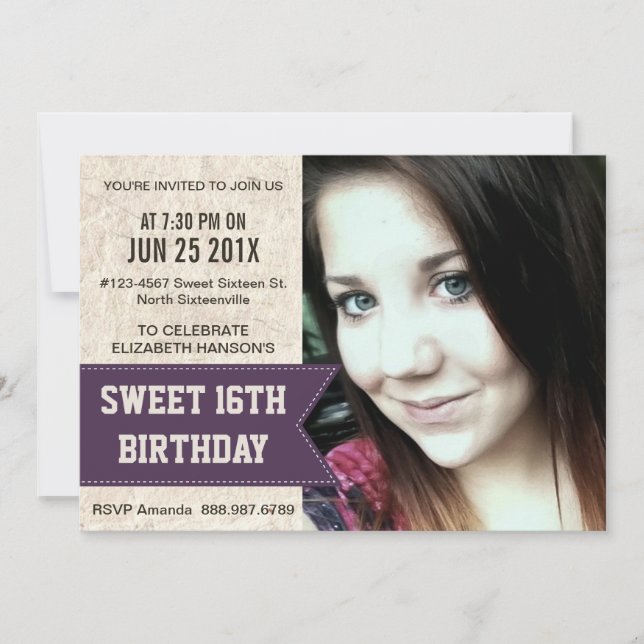 Invitación Fiesta de cumpleaños 16 con gran foto (Anverso)