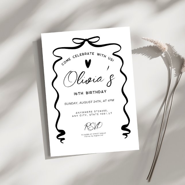 Invitación Fiesta de cumpleaños 16 con lazo negro Chic coquet (Subido por el creador)