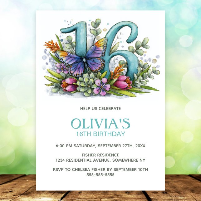 Invitación Fiesta de cumpleaños 16 con mariposa floral (Subido por el creador)