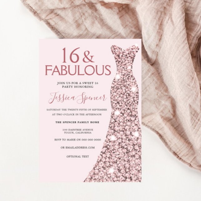 Invitación Fiesta de cumpleaños 16 con vestido de oro rosa ro (Subido por el creador)