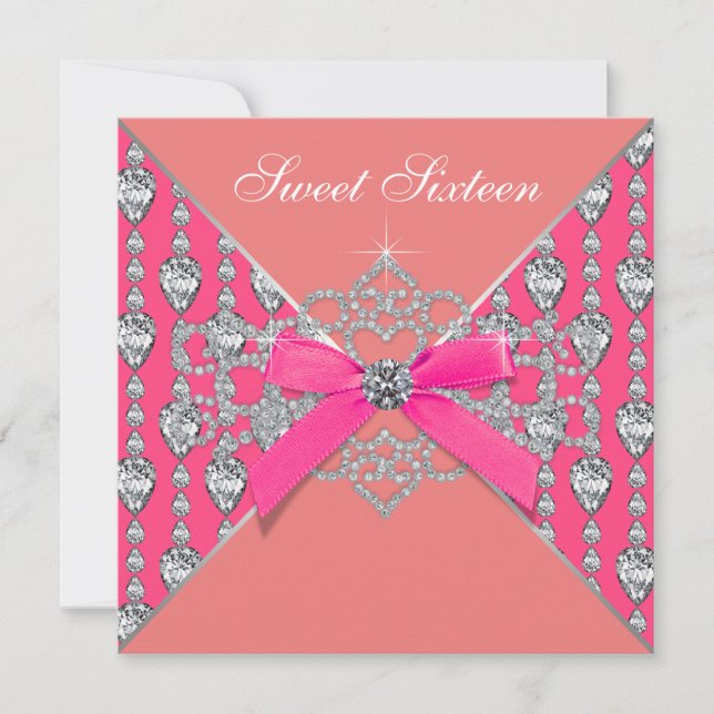 Invitación Fiesta de cumpleaños 16 Coral Dulce Rosa Diamantes (Anverso)