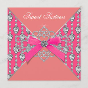Invitación Fiesta de cumpleaños 16 Coral Dulce Rosa Diamantes