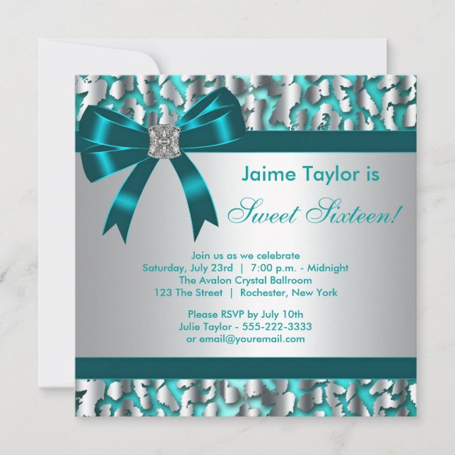 Invitación Fiesta de cumpleaños 16 de Blue Leopard verde azul (Anverso)