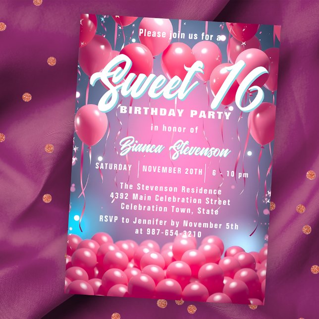 Invitación Fiesta de cumpleaños 16 de Dreamy Sky Pink Balloon (Subido por el creador)