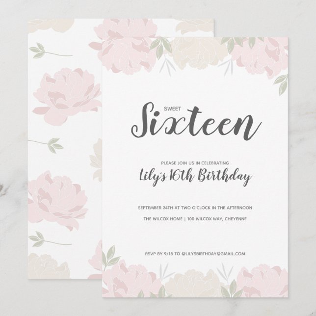 Invitación Fiesta de cumpleaños 16 de los pueblos rosados y c (Anverso / Reverso)