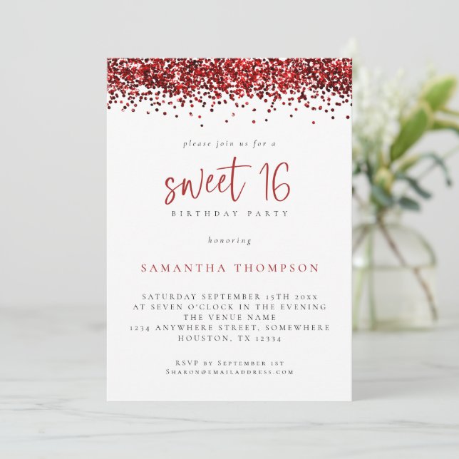 Invitación Fiesta de cumpleaños 16 de moda del Purpurina Rojo (Anverso de pie)
