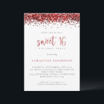 Invitación Fiesta de cumpleaños 16 de moda del Purpurina Rojo<br><div class="desc">Fiesta de cumpleaños 16 del Purpurina Rojo de moda Un pequeño destello con falsos purpurinas rojos bordea la parte superior de cada lado, y el dulce 16 está en un set informal estilo de escritura. Personaliza fácilmente el resto del texto a tus propios detalles. También puede cambiar el texto y...</div>