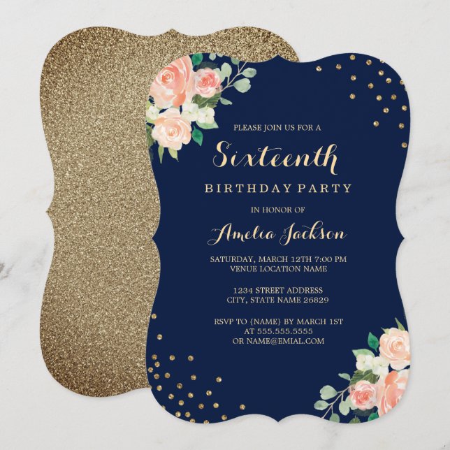 Invitación Fiesta de cumpleaños 16 de Navy Gold Floral Confet (Anverso / Reverso)