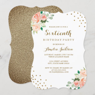Invitación Fiesta de cumpleaños 16 de Peach Gold Floral Confe